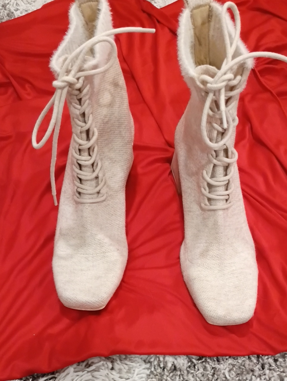 Ivory Knit Lace-Up Ankle Boots
